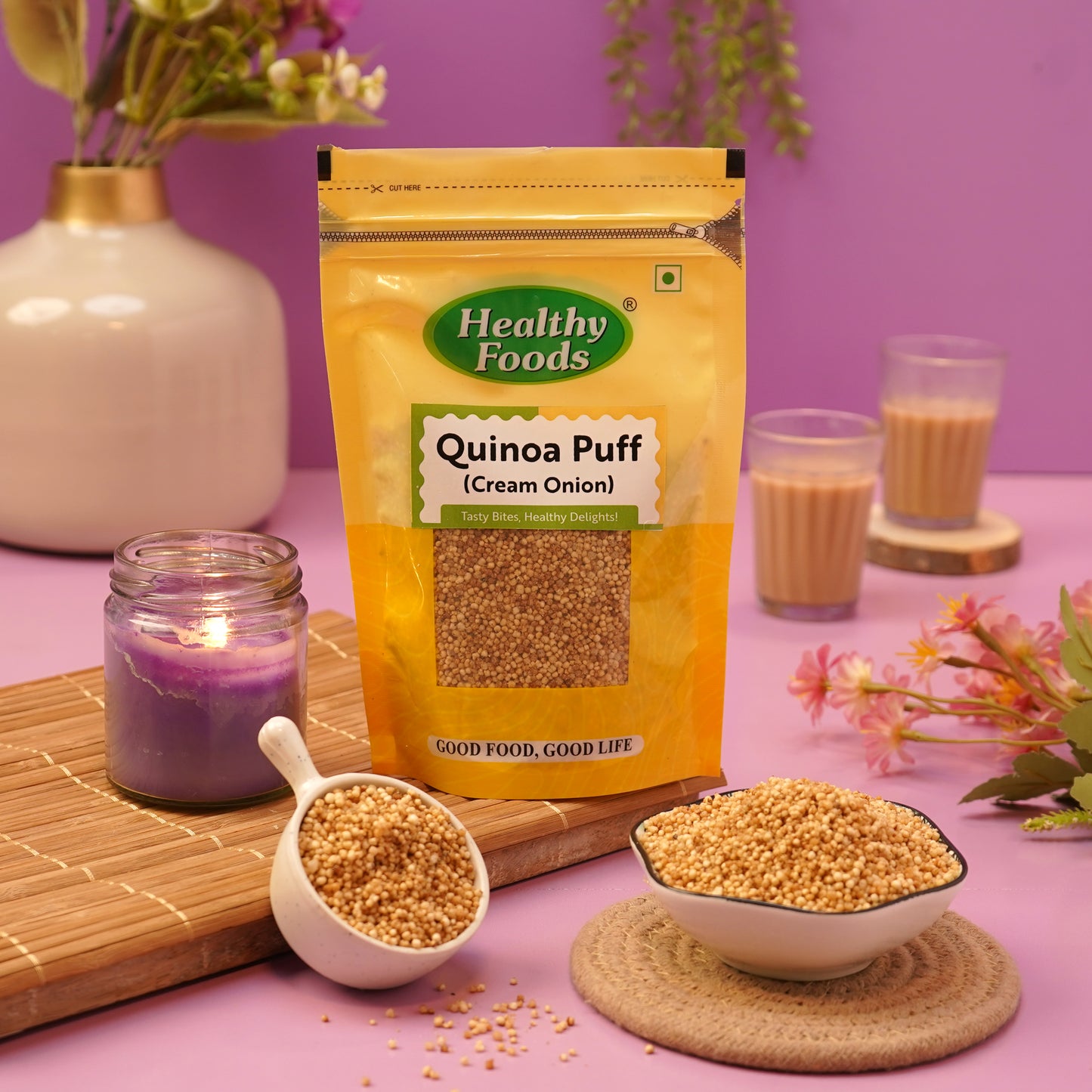 Quinoa Puffs - Cream and Onion  ( Roasted Not Fried , Perfect For Weight loss Snacking )